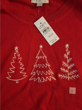 LOFT Red Sweater with White Embroidered Tree Trio